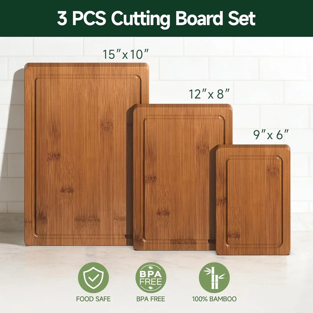 3-Piece Set Bamboo Cutting Board for Kitchen - Crack-Resistant Wood Chopping Boards