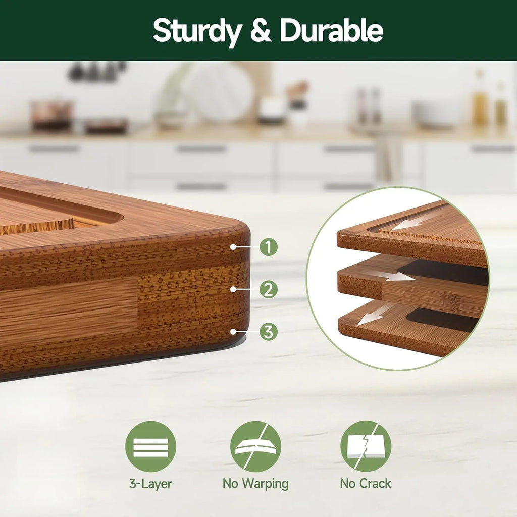 3-Piece Set Bamboo Cutting Board for Kitchen - Crack-Resistant Wood Chopping Boards
