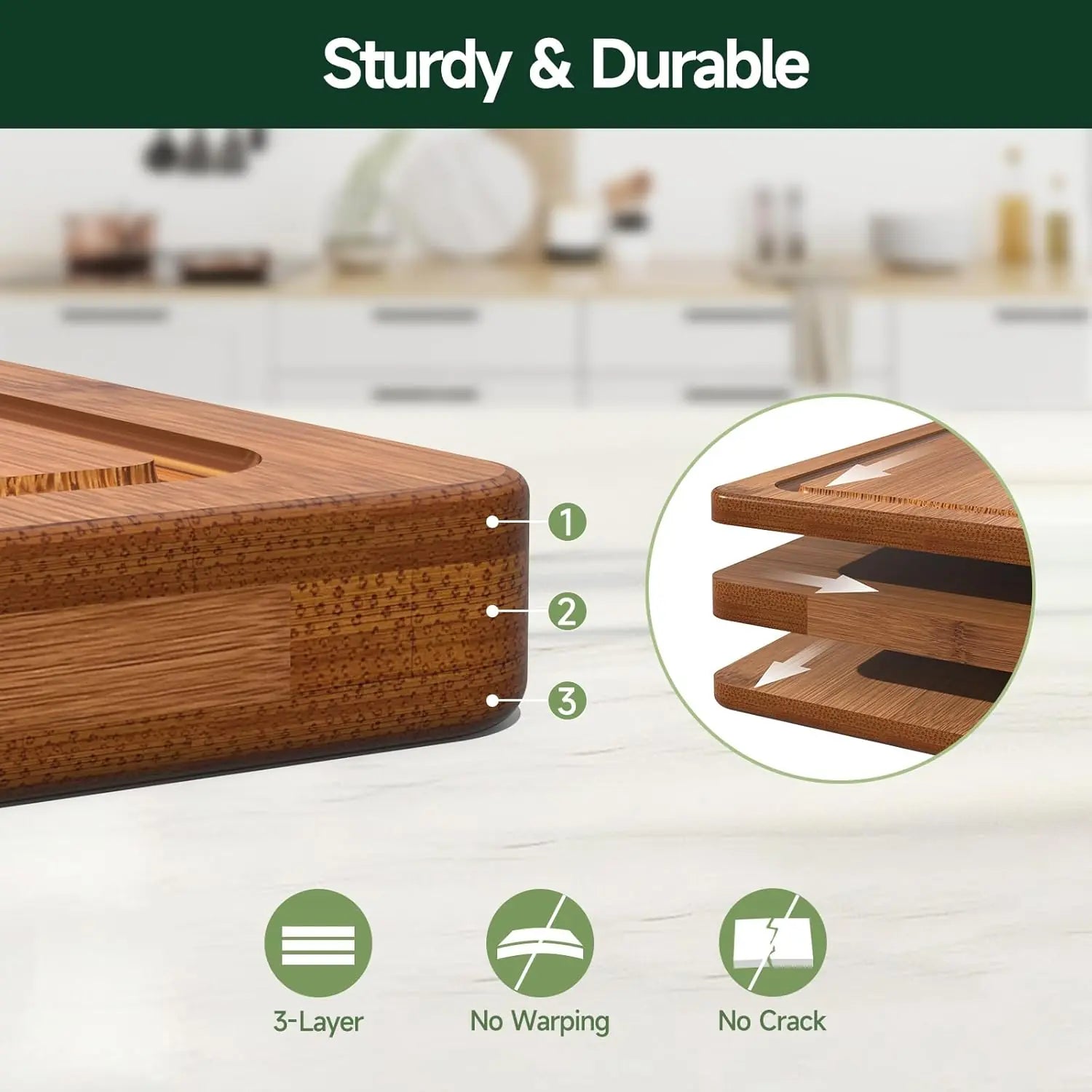 3-Piece Set Bamboo Cutting Board for Kitchen - Crack-Resistant Wood Chopping Boards